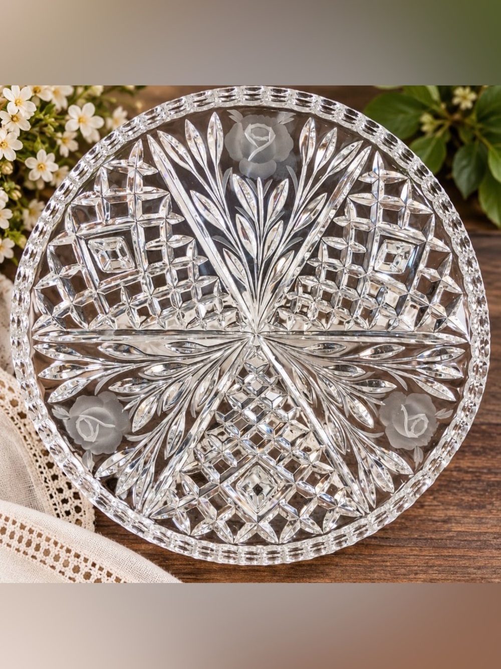 Vintage 3-Footed Cut Glass Floral Serving Dish Scalloped Rim